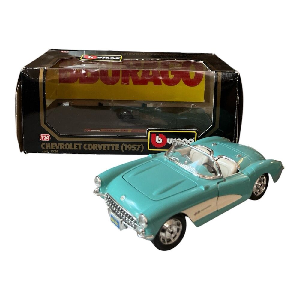 VIntage Burago Chevrolet Corvette 1957 Teal 1/24 Scale Diecast #1524 Stand READ